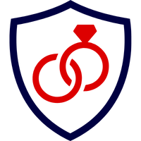 Ein rotes Symbol mit zwei Ringen und einem Verlobungsring auf einem blauen Schild.