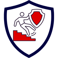 Grafik eines stilisierten Mannes, der eine Treppe hinuntergeht und ein Schild hält, auf einem blauen Wappen.