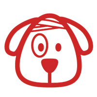 Ein einfaches, rotes Logo eines Hundekopfes mit einem freundlichen Gesichtsausdruck.