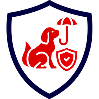 Ein stilisiertes Logo mit einem Hund, einem Regenschirm und einem Schild.