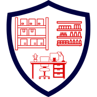 Rotes Symbol einer Inhaltsversicherung mit Schreibtisch und Büroelementen in einem Schild.