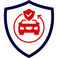 Logo einer Kfz-Versicherung mit einem Auto und einem Schutzschild in Rot und Blau.