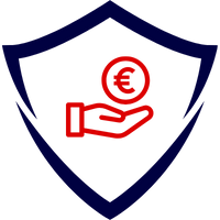 Grafisches Symbol eines Schildes mit einer Hand und einer Geldmünze.
