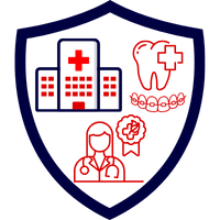 Grafisches Symbol für Krankenzusatzversicherung mit Krankenhaus, Zahn und medizinischem Symbol.