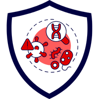 Grafik mit einem Schild, das medizinische Symbole wie DNA, Viren und Bakterien zeigt.