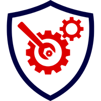 Logo einer Maschinenbruchversicherung mit einem Zahnrad und einem Werkzeug in einem Schild.