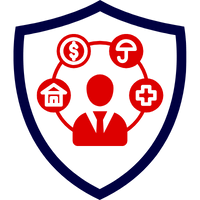 Rotes Symbol mit einer Person in der Mitte und fünf verbundenen Kreisen, die Mitarbeitervorsorge darstellen.