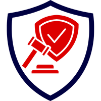 Ein rotes Symbol eines Richters mit Hammer in einem blauen Schild für Rechtsschutzversicherung.