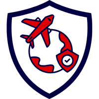 Ein Symbol für Reiseversicherung, das ein Flugzeug und einen Globus in einem Schild zeigt.