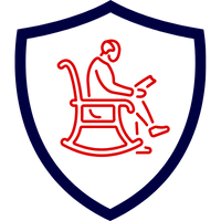 Rotes Symbol einer sitzenden Person in einem Schaukelstuhl, umgeben von einem blauen Schild.