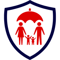 Rotes Symbol einer Risikoversicherung mit einem Schild und einer Familie unter einem Regenschirm.