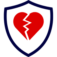Grafik eines gebrochenen Herzens in einem blauen Schild mit rotem Herz.