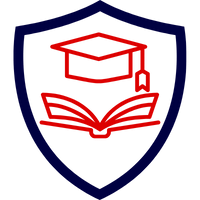 Ein rotes Symbol mit einem Buch und einer Abschlussmütze auf einem blauen Schild.