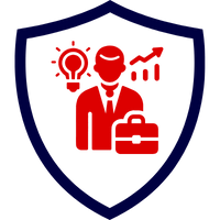 Rotes Symbol eines Unternehmers in einem blauen Wappen mit grafischen Elementen.