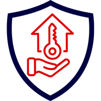 Logo einer Vermieterversicherung mit einem Haus und einem Schlüssel in einer Hand.