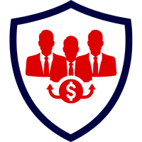 Rotes Symbol mit drei stilisierten Personen innerhalb eines blauen Schildes, das Vermögensschadenhaftpflichtversicherung darstellt.