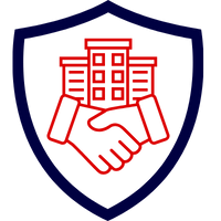 Grafisches Symbol eines Handschlags innerhalb eines Schildes, das Versicherung und Zusammenarbeit darstellt.