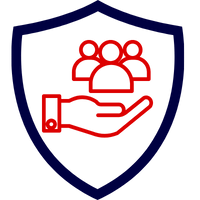 Rotes Symbol eines Handschuhs, der eine Gruppe von Personen in einem blauen Schild hält.