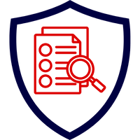 Symbol für Vertragsdetails mit einer Lupe und Dokumenten in einem Schild-Design.