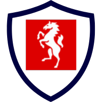 Wappen mit einem weißen Pferd, das auf einem roten Hintergrund steht, umgeben von einem blauen Schild.