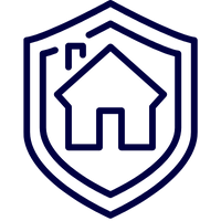 Grafisches Symbol einer Wohngebäudeversicherung mit einem Haus und einem Schutzschild.