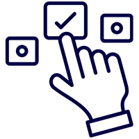 Grafik einer Hand, die auf ein Auswahlkästchen zeigt, umgeben von zwei weiteren Symbolen.