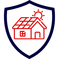 Symbol eines Hauses mit Solarpanelen auf dem Dach und einer Sonne im Hintergrund.