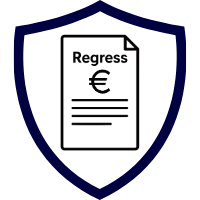 Symbol eines Dokuments mit dem Wort 'Regress' und einem Euro-Symbol in einem blauen Schild.