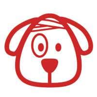 Ein rotes Hundelogo mit einem Verband um den Kopf und einem großen Auge.