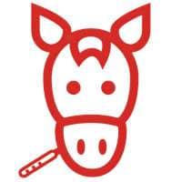 Rote Grafik eines stilisierten Pferdekopfes mit einem Thermometer im Maul.