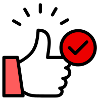 Ein Daumen hoch Symbol in Weiß mit einem roten Kreis und einem Häkchen in der Mitte.