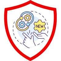 Illustration von Händen, die auf Zahnräder und ein neues Element zeigen, in einem Schild-Design.