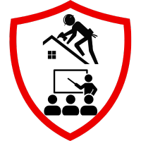 Logo eines Versicherungsmaklers mit einem Schild und einer Person, die an einem Dach arbeitet.