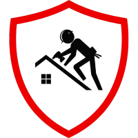 Grafik eines Dachdeckers, der auf einem Dach arbeitet, innerhalb eines roten Schildes.