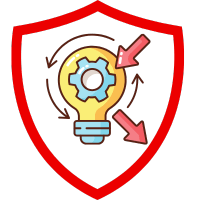 Grafik eines Glühbirnen-Symbols mit Zahnrädern in einem roten Schild.