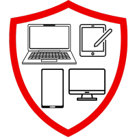 Grafik eines Schildes mit verschiedenen elektronischen Geräten wie Laptop, Tablet, Smartphone und Desktop-Computer.