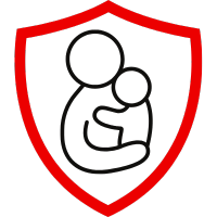 Ein einfaches Symbol, das eine schützende Umarmung zwischen einem Erwachsenen und einem Kind darstellt.