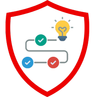 Grafik eines Schildes mit einem Glühbirnen-Symbol und Häkchen in verschiedenen Farben.