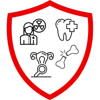 Ein rotes Schild mit einem Symbol für medizinische Fachrichtungen, einschließlich eines menschlichen Körpers und eines Knochens.