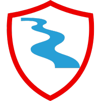 Rotes Schild mit blauer Wasserlinie, das Gewässerschadenhaftpflicht symbolisiert.