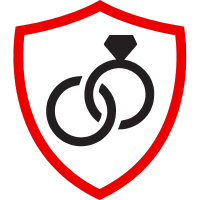 Ein rotes Schild mit einem Symbol von Eheringen und einem Diamantring.