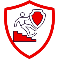 Grafik eines stilisierten Mannes, der auf einer Treppe mit einem Schild fällt, um Sturzsicherheit darzustellen.