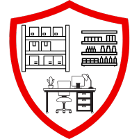 Ein rotes Schild mit einem Schreibtisch, einem Computer und einer Pflanze als Symbol für Inhaltsversicherung.