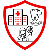 Grafik eines Schildes mit einem Krankenhaus und einem Zahnspangen-Symbol in der Mitte.