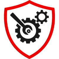 Ein rotes Schild mit einem Zahnrad und einem Schraubenschlüssel als Symbol für Maschinenbruchversicherung.