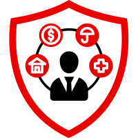 Rotes Schild mit Symbolen für Geld, Versicherung, Haus und Gesundheit.