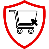 Symbol eines Einkaufswagens innerhalb eines roten Schutzschilds, das Online-Handel darstellt.