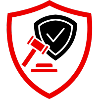 Rotes Schild mit einem Richterhammer und einer Unterlage, Symbol für Rechtsschutzversicherung.