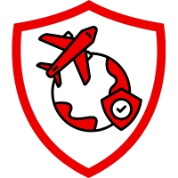 Rotes Symbol einer Reiseversicherung mit einem Flugzeug und einem Stift auf einem Schild.