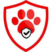 Rotes Schild mit einem Pfotenabdruck und einem Häkchen in der Mitte, symbolisiert Tierversicherung.